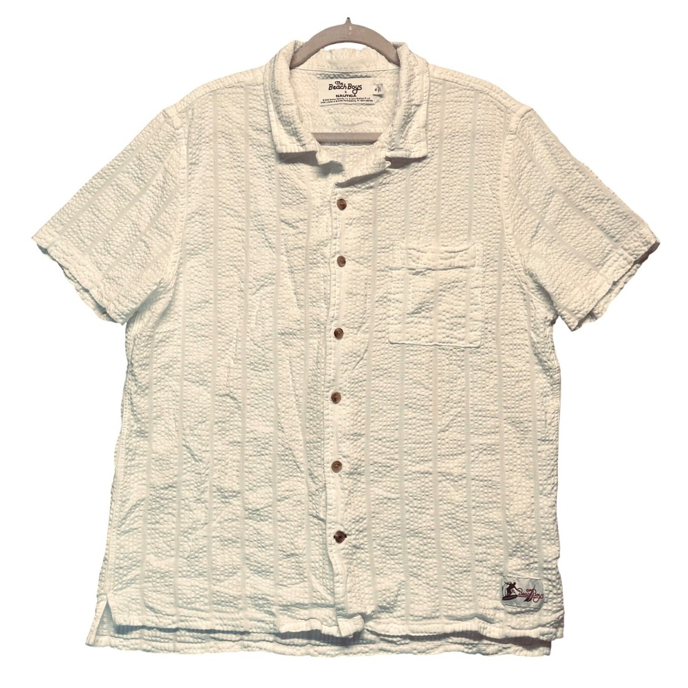 Nautica x The Beach Boys Seersucker Camp Shirt Mens XL White Short Sleeve Button